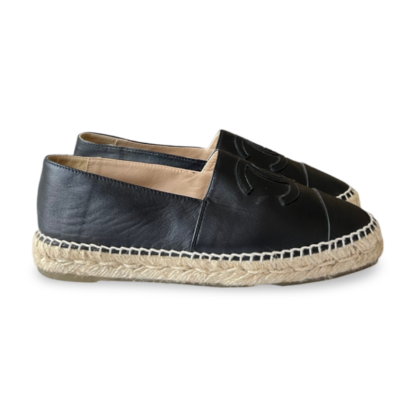 Chanel Black Leather CC Cap Toe Espadrille Flats Size 37 - Image 4