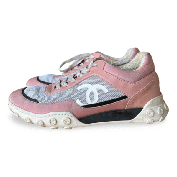 Chanel Pink & White Calfskin, Mesh, and Lycra Sneakers – Size 37 - Image 2