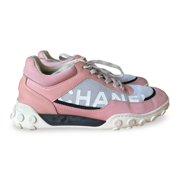 Chanel Pink & White Calfskin, Mesh, and Lycra Sneakers – Size 37 - Image 3